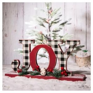 🆕 Glitzhome 11 in. L Wooden Christmas Plaid JOY Table Decor, NWT